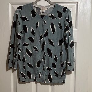 LOFT Teal and Black Leaf Print Cardigan